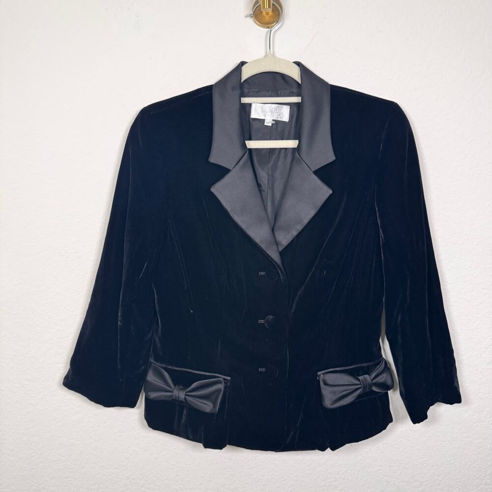 Badgley Mischka Women Velvet Jacket Blazer Size 6 Bow Silk Evening Holiday Black